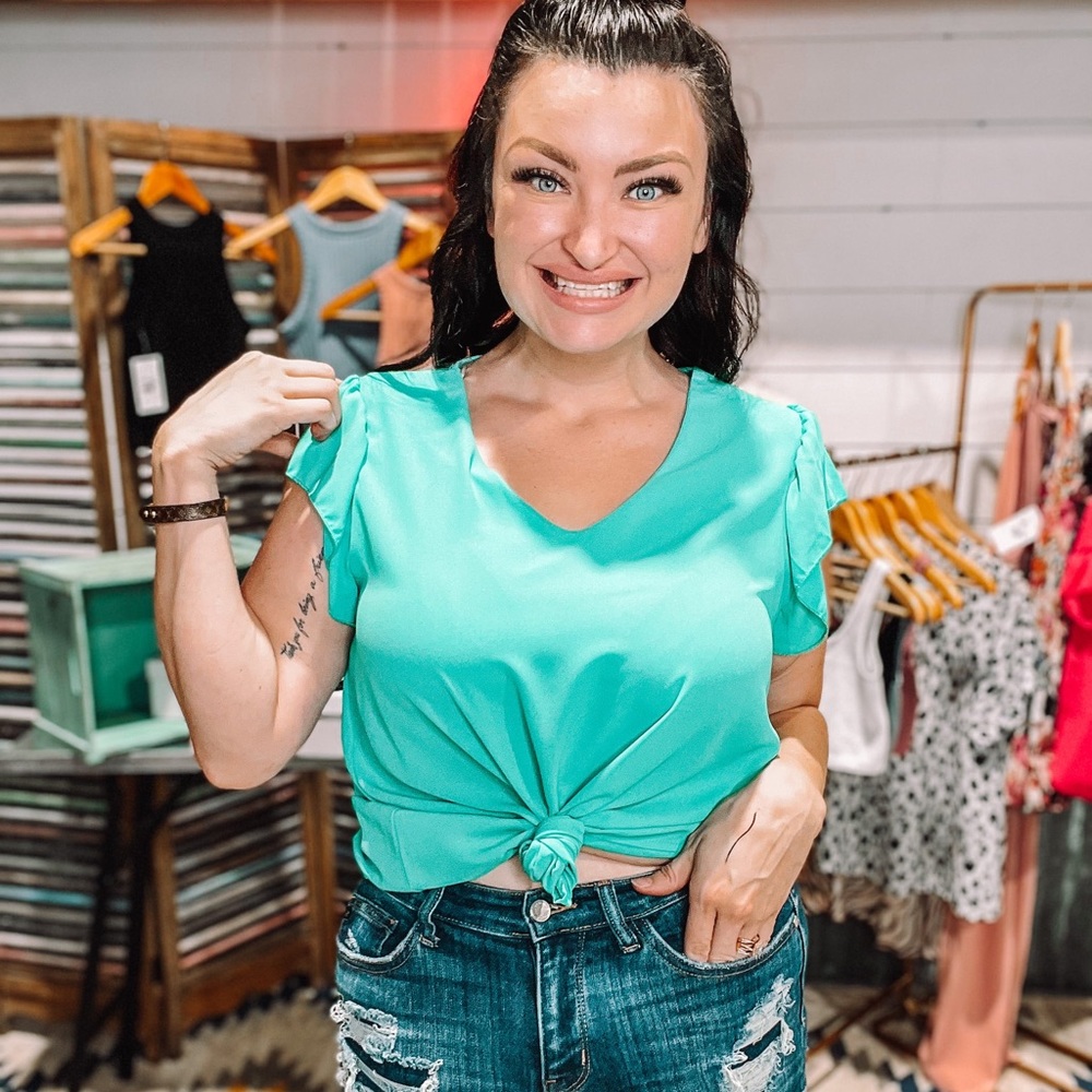 Turquoise Ruffle Sleeve Blouse